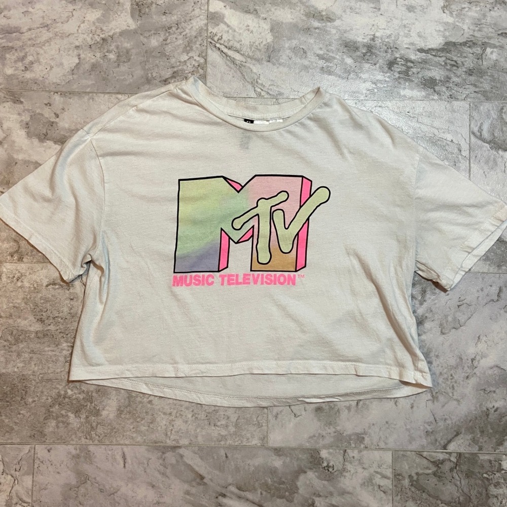 H&M MTV Music Television Crop Top White Pastel Logo Graphic Sz Small